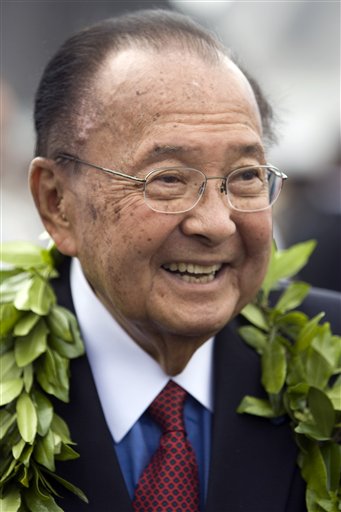 FILE - In this Friday, July 9, 2010 file photo, U.S. Sen. Daniel Inouye, D-Hawaii, is seen at the ceremony welcoming F-22 Raptor fighter jets to Joint Base Pearl Harbor-Hickham in Honolulu. Inouye has died of respiratory complications, Monday, Dec. 17, 2012, according to Inouye's office. He was 88. (AP Photo/Marco Garcia, File)
