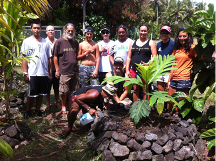 Crew Members, Kumu and students plant an Ulu Tree dedicated to the Worldwide Voyage