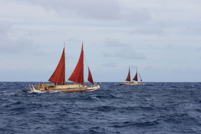 Hōkūlea and Hikianalia sailing together around the world.