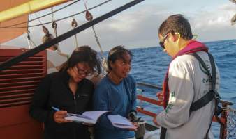 Checking their notes from the previous day’s observations.