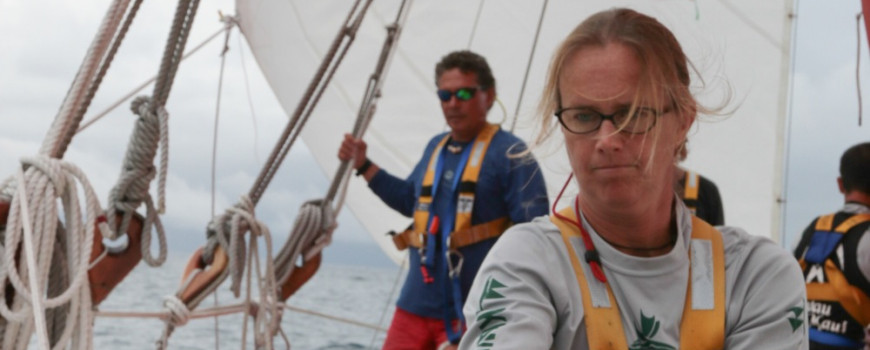 Heidi Guth and others work on getting the sails up.