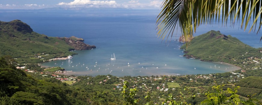 The view of Taiohae, where Hokulea is anchored during her stay